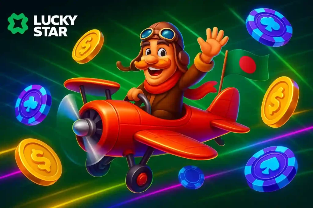 Lucky Star অ্যাপে Aviator গেমের স্ক্রিন যেখানে প্লেন উড়ছে এবং x গুণ বোনাস বাড়ছে — এখনই খেলা শুরু করুন