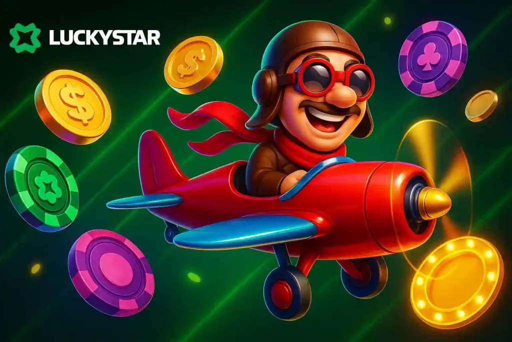 Lucky Star Aviator game screen showing flying plane, multiplier rising, and cashout button in green UI
